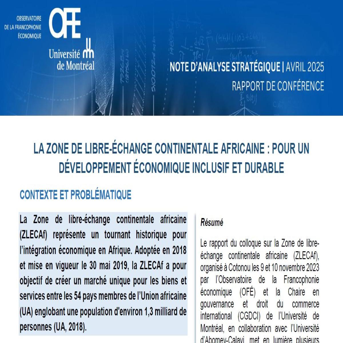 La zone de libre-échange continentale africaine : pour un développement économique inclusif et durable (avril 2025)
